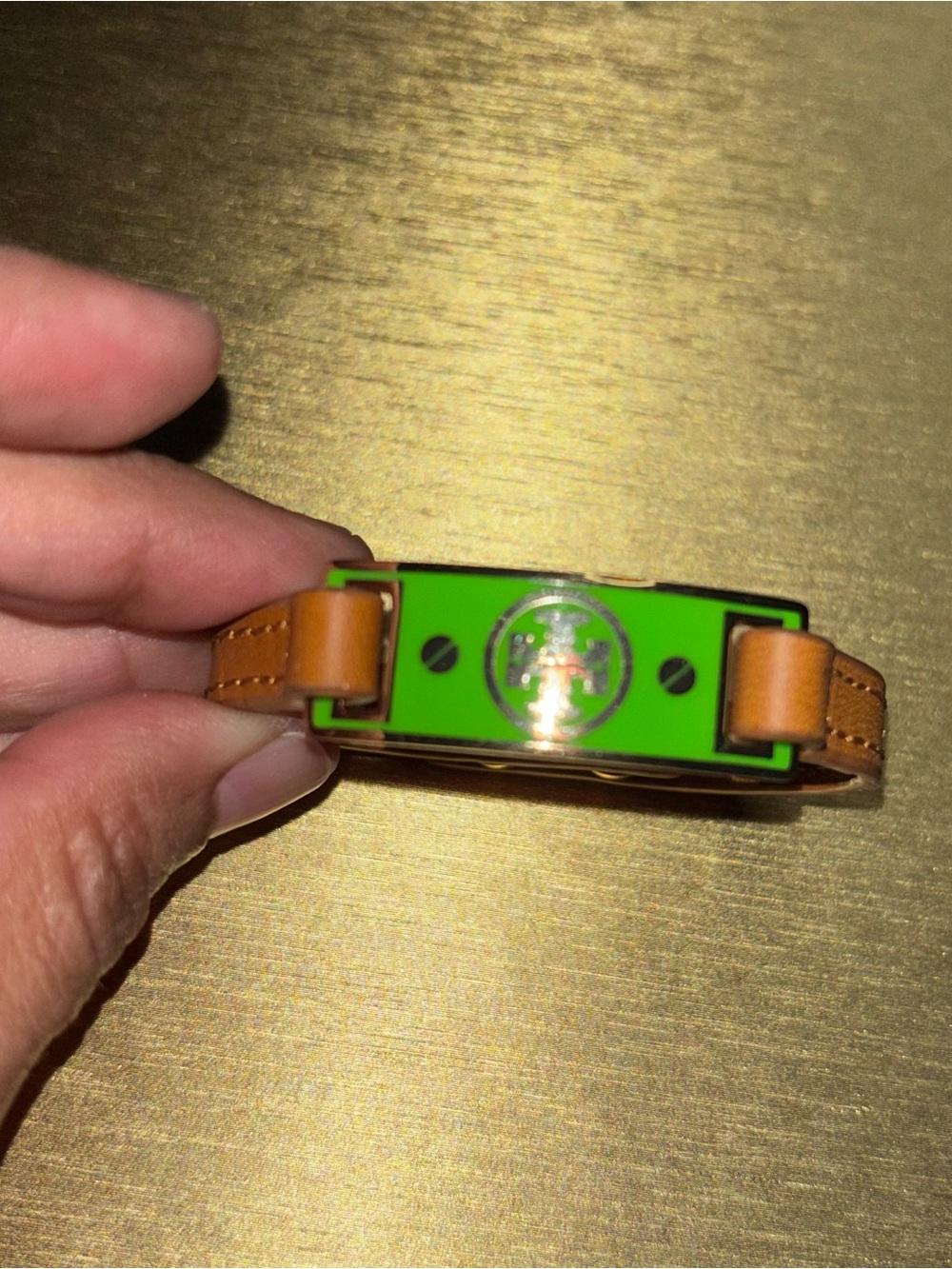 Tory Burch Tan Leather Bracelet with Neon Green Enamel and Gold Logo